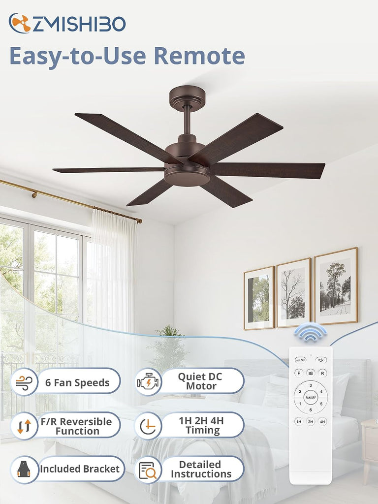 42 Inch Ceiling Fans No Lights, Farmhouse Rustic Ceiling Fan Without Light, 6 Blades, Quiet Reversible DC Motor