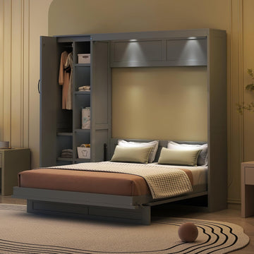 Full Murphy Bed Wall Bed with Shelves, Drawers and LED Lights,Gray