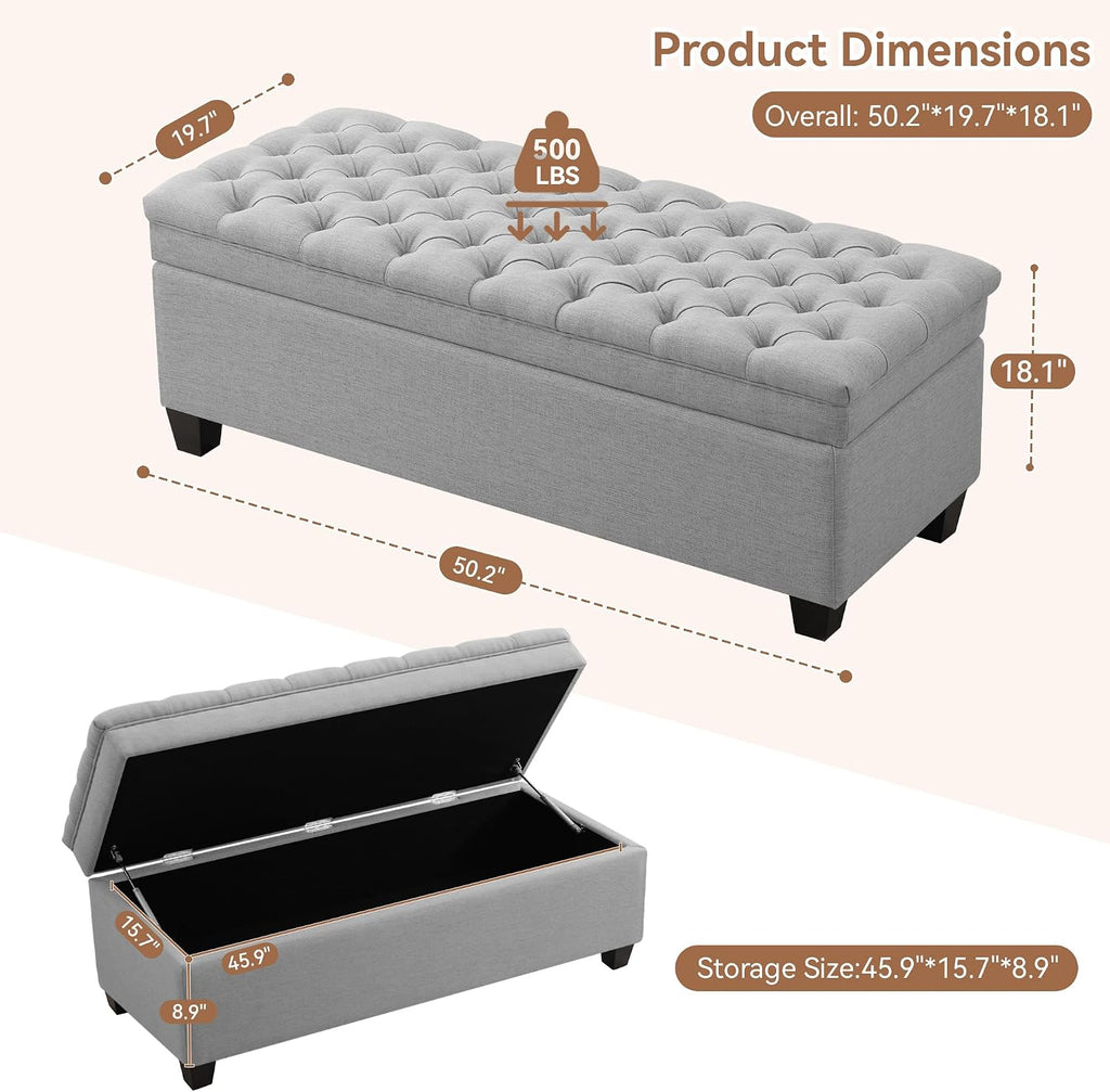 51" Fabric Storage Ottoman Bench, Upholstered Rectangle End of Bed Storage Ottoman Tufted Living Room Bedroom Bench