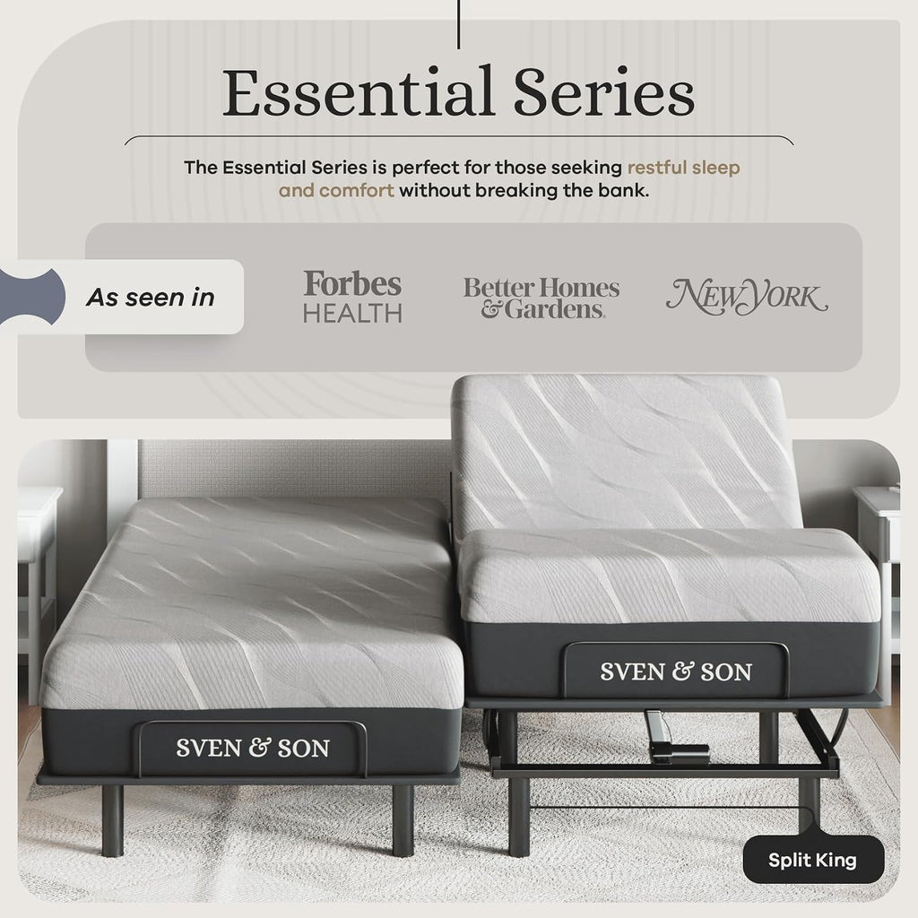Essential Adjustable Bed Base (Frame) + 14 inch Hybrid Spring Matt (Medium Soft), Easy Assembly, Head and Foot Lift