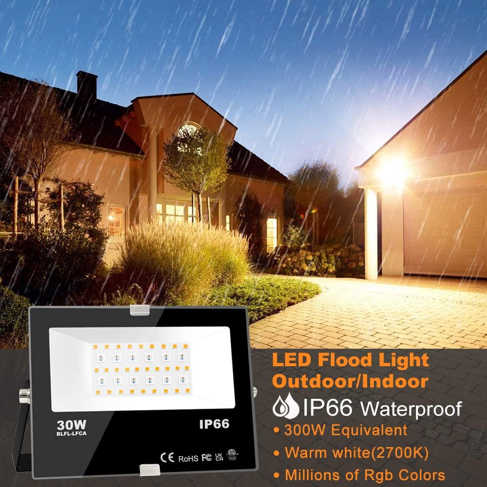 Led Flood Light Outdoor 30W, 300W Equivalent, Color Changing RGB Lights | Remote Control, 120 RGB Colors, Warm White