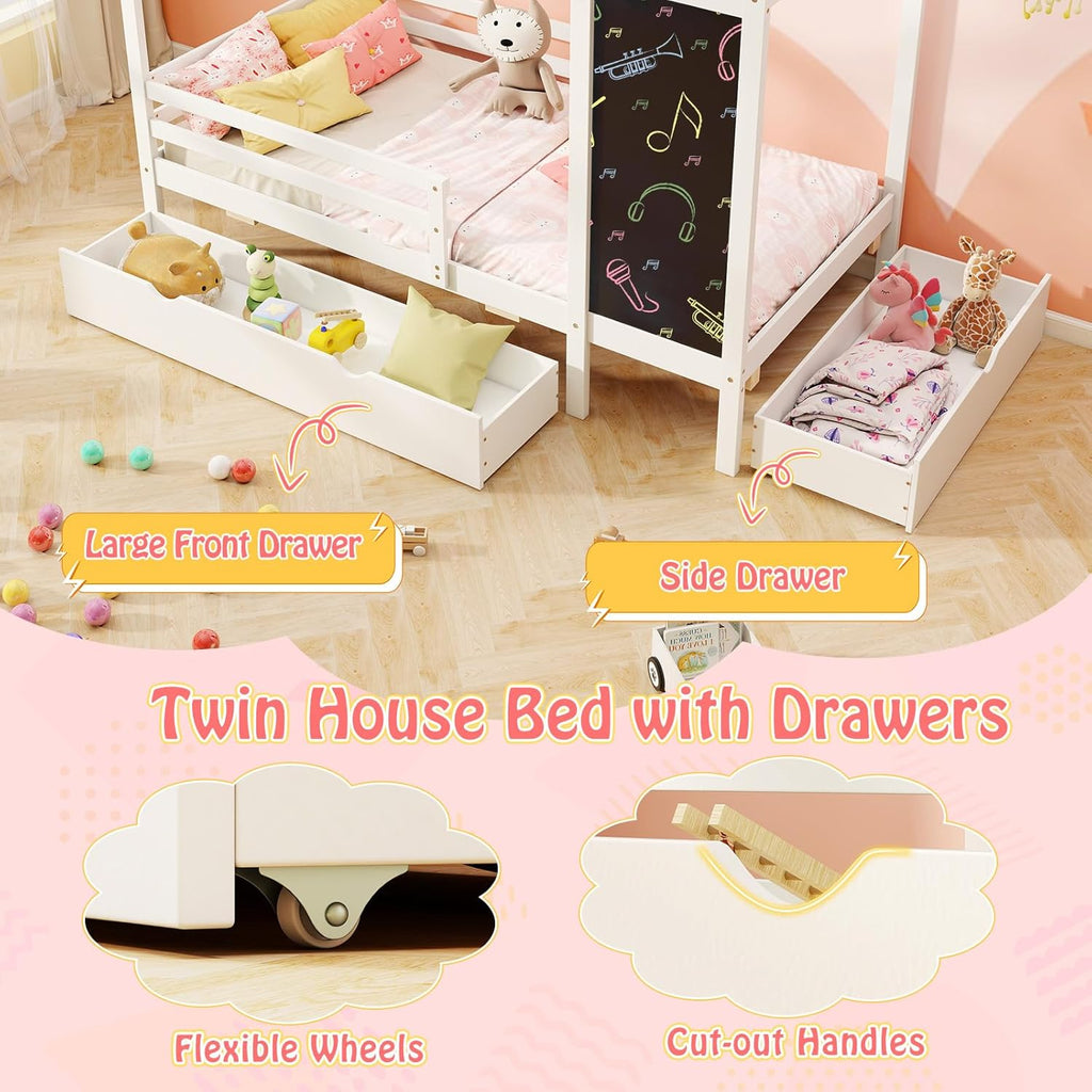 Twin Bed with 2 Storage Drawers, Solid Wood House Bed with Blackboard & Safety Guardrails, Tw Bed w/Slats Support, No