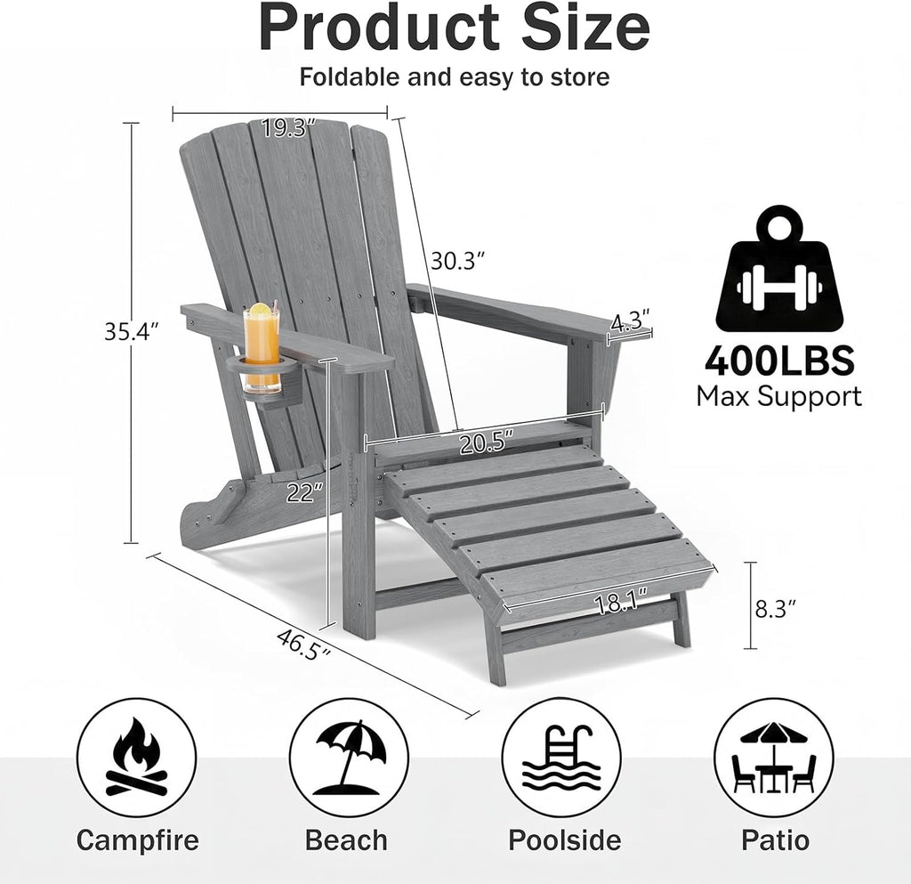 Folding Adirondack Chair with Retractable Ottoman,HDPE Outdoor Adirondack Chair with Cup Holder,All-Weather Lounge