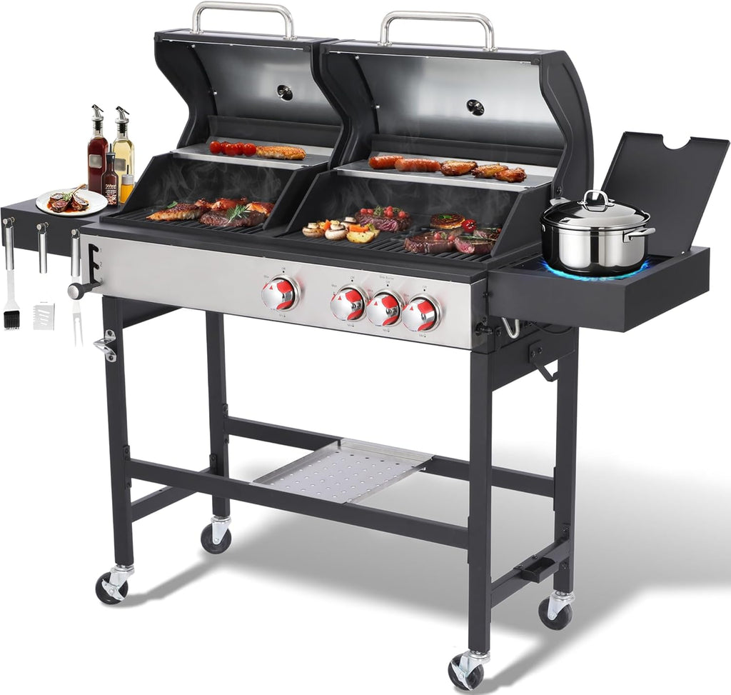 Charcoal and Propane Gas Grill Combo with Side Burner, Dual Fuel BBQ Grill with Porcelain-Enameled Cast Iron Grates