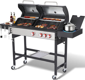 Charcoal and Propane Gas Grill Combo with Side Burner, Dual Fuel BBQ Grill with Porcelain-Enameled Cast Iron Grates