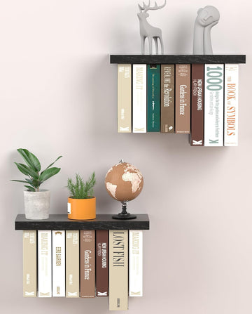 Floating Book Shelves for Wall Set of 2, Unique Wood Hanging Bookshelf | Easy Install Wall Bookshelf with Anti-Tilt