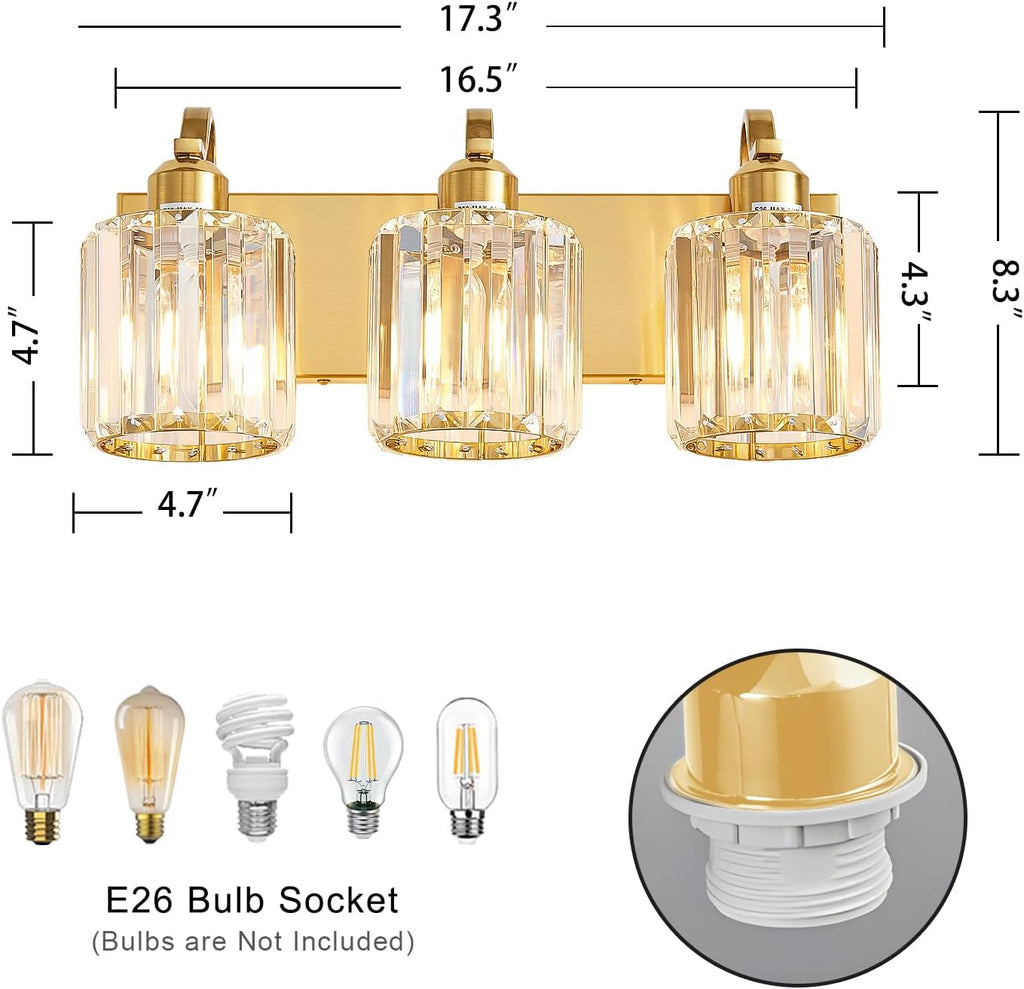 3-Light Gold Bathroom Light Fixtures,Modern Bathroom Vanity Lights Fixture with Clear Crystal Glass Shade, Modern