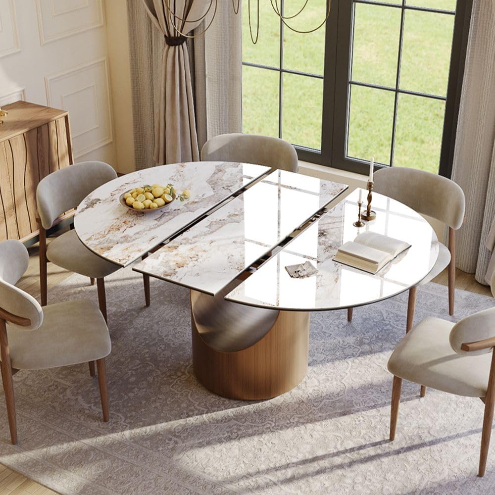Modern Extendable Dining Table for 4-6, 47" to 63" Round to Oval Sintered Stone Kitchen Table with Carbon Steel Base