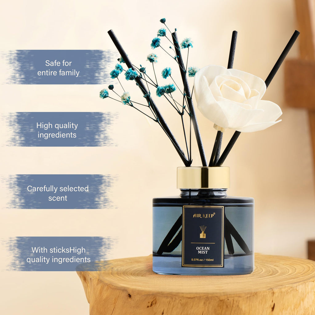 Flower Reed Diffusers Set, 5.07 oz Ocean Mist Scented Oil Diffuser with 8 Reed Sticks, Home Fragrance Diffuser Gift