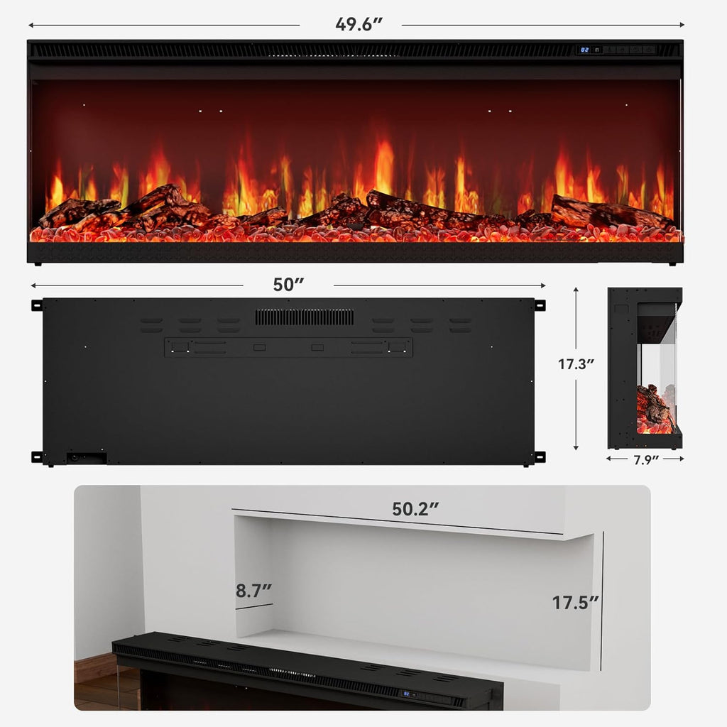 50-inch 3-Sided Wall Mount Electric Fireplace, Recessed & Built-in Design with Wi-Fi/Remote, 1500W Heater