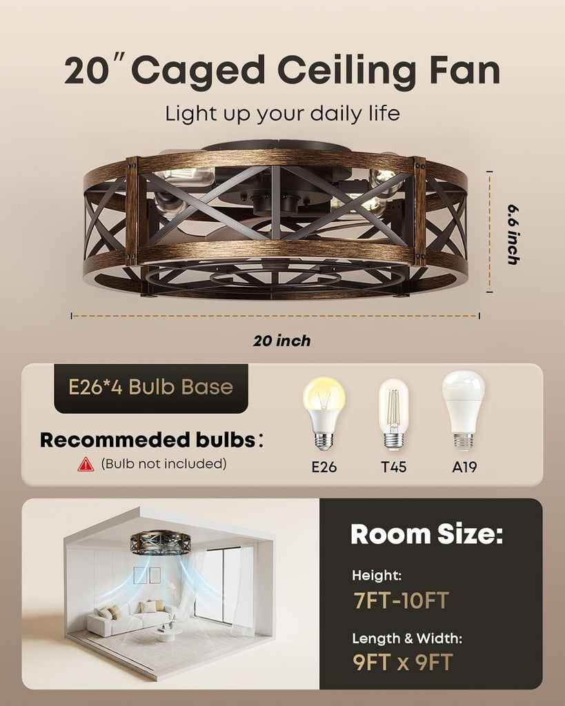 Caged Ceiling Fan with Light and Remote, 20" Low Profile Flush Mount Ceiling Fans with Light, 6 Speed, Timing