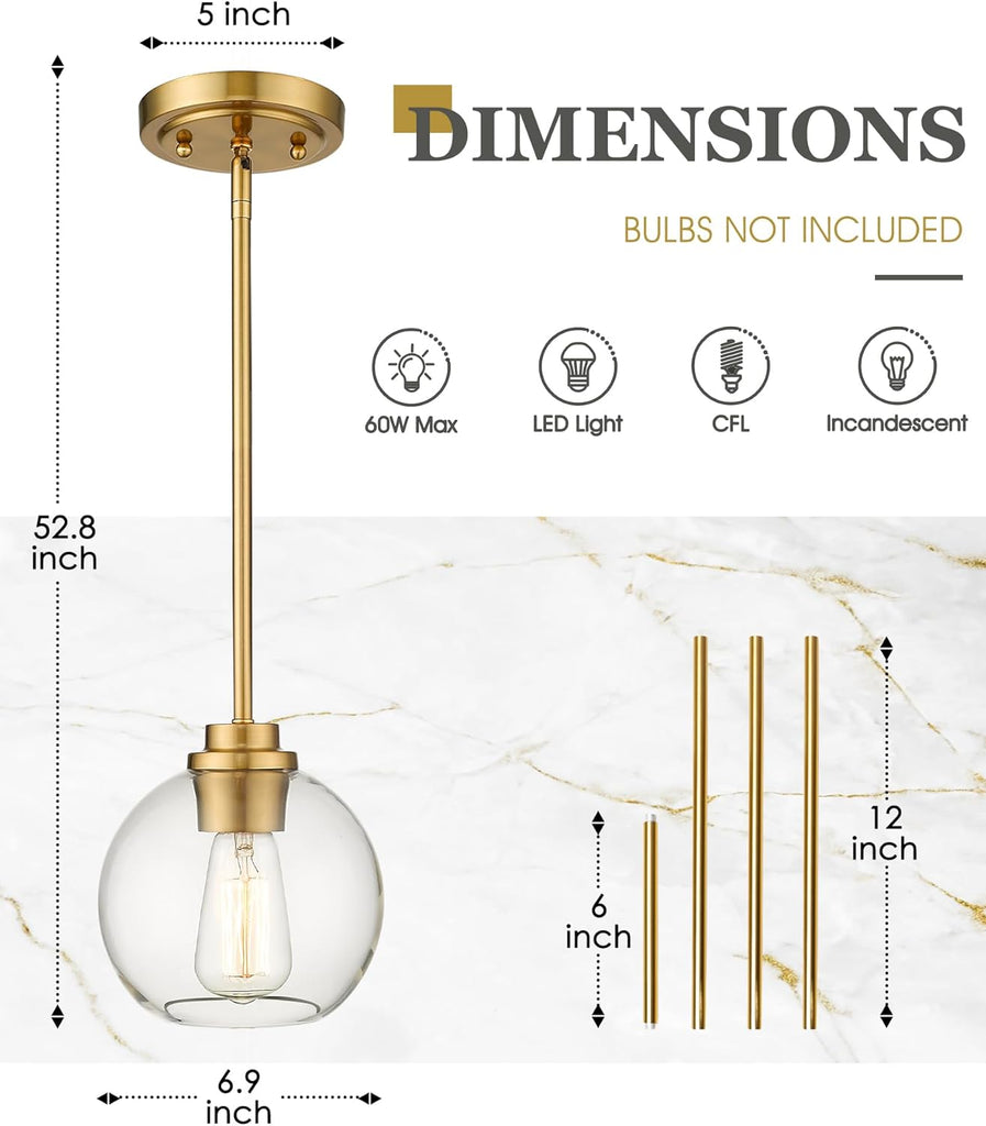 Brass Pendant Lights Kitchen Island 2 Pack, Farmhouse Gold Pendant Light with Clear Glass Globe Shade, Kitchen Island