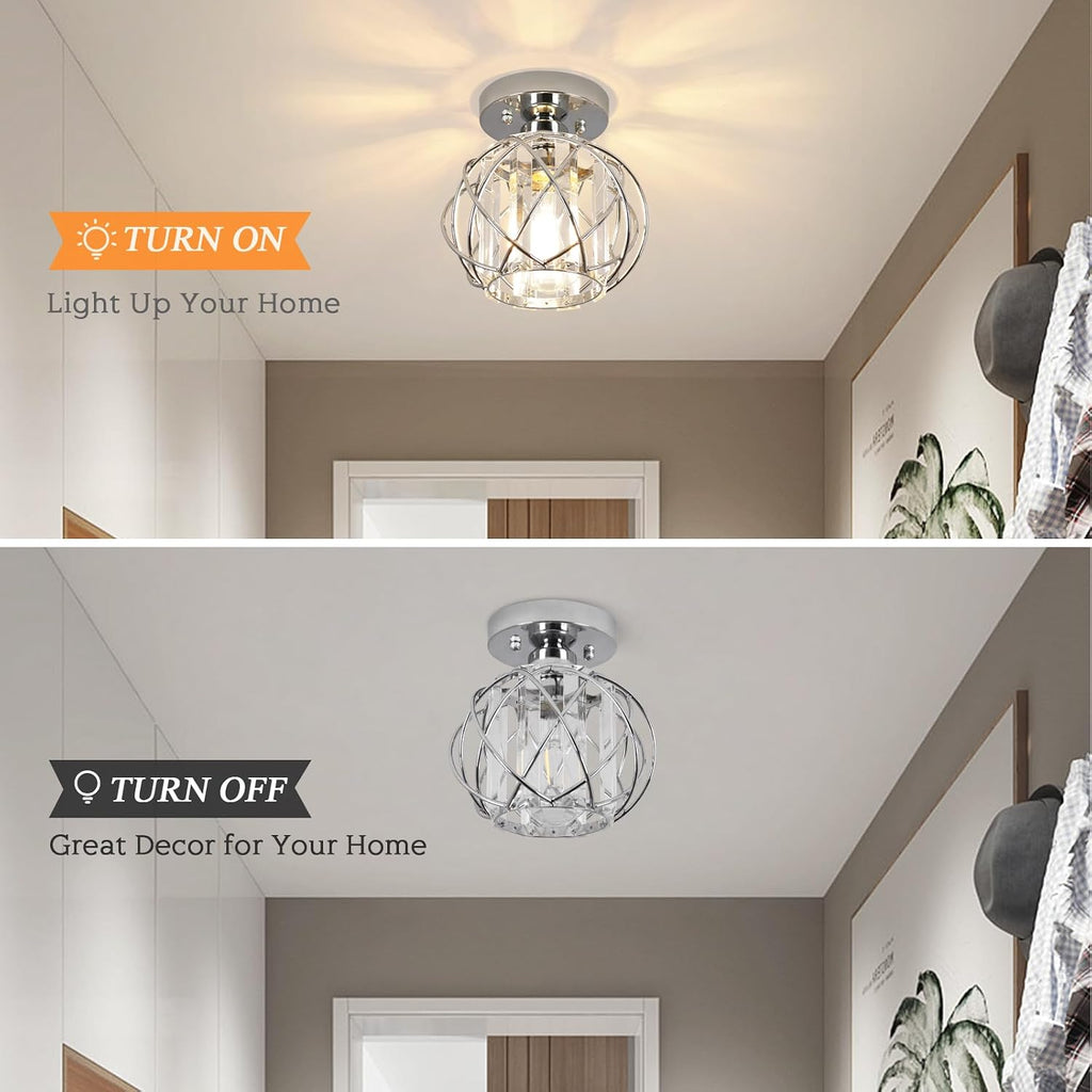 Hallway Light Fixtures Ceiling,Modern Chrome Crystal Ceiling Lights Fixture, Semi Flush Mount E26 Small Hallway