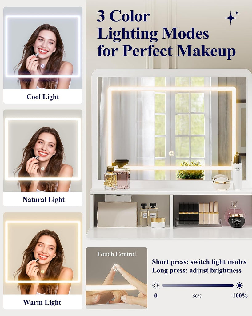 Vanity Desk with Mirror and Lights, Large Capacity, Fabric Drawers | Bedroom, Teens & Women, 3 Light Modes, 4 Fabric