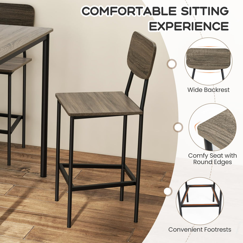 5-Piece Dining Table Set W/Counter Height Table & 4 Bar Stools, Modern Kitchen Dining Set W/Footrest & Backrest
