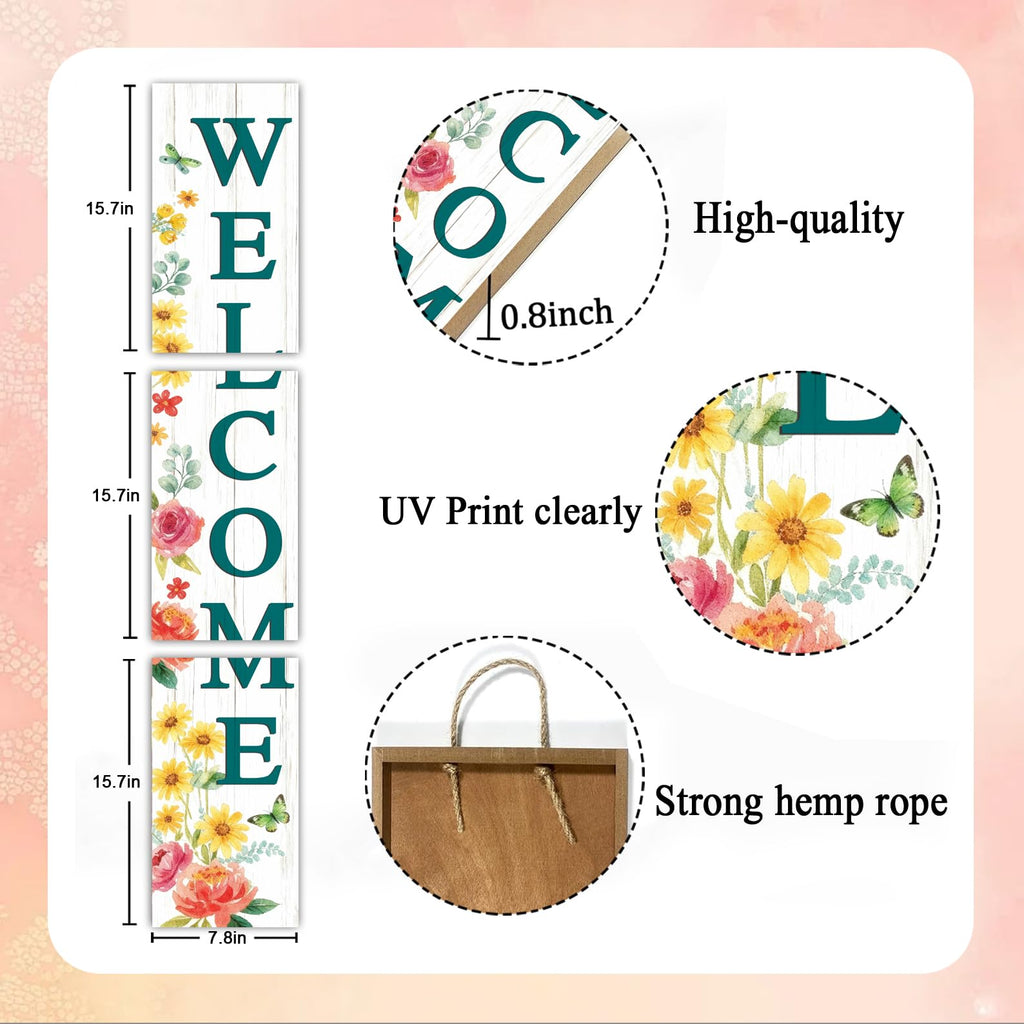 Welcome Sign for Front Door, Spring Flower 47"X8" White