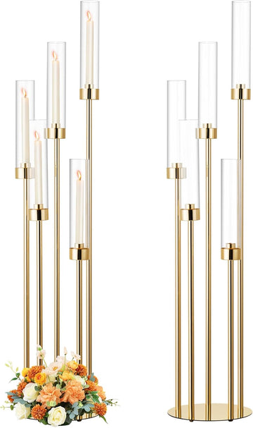 2PCS 42.5In 5 Arm Gold Floor Candelabra, Tall Metal Candle Centerpieces for Tables with Acrylic Lampshade, Home