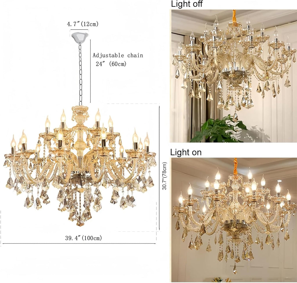 18 Lights Cognac K9 Crystal Chandelier, E12 Bulbs Crystal Ceiling Light Fixture, Luxury Crystal Lamp for Dining Room, Hotels, Living Room, Easy to Install (18-Light)