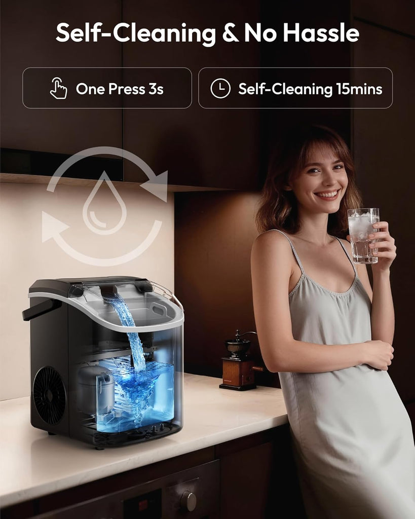 Nugget Ice Maker Countertop with Handle, Ready in 6 Mins, 38lbs/Day, Removable Top Cover, Self-Cleaning, Portable