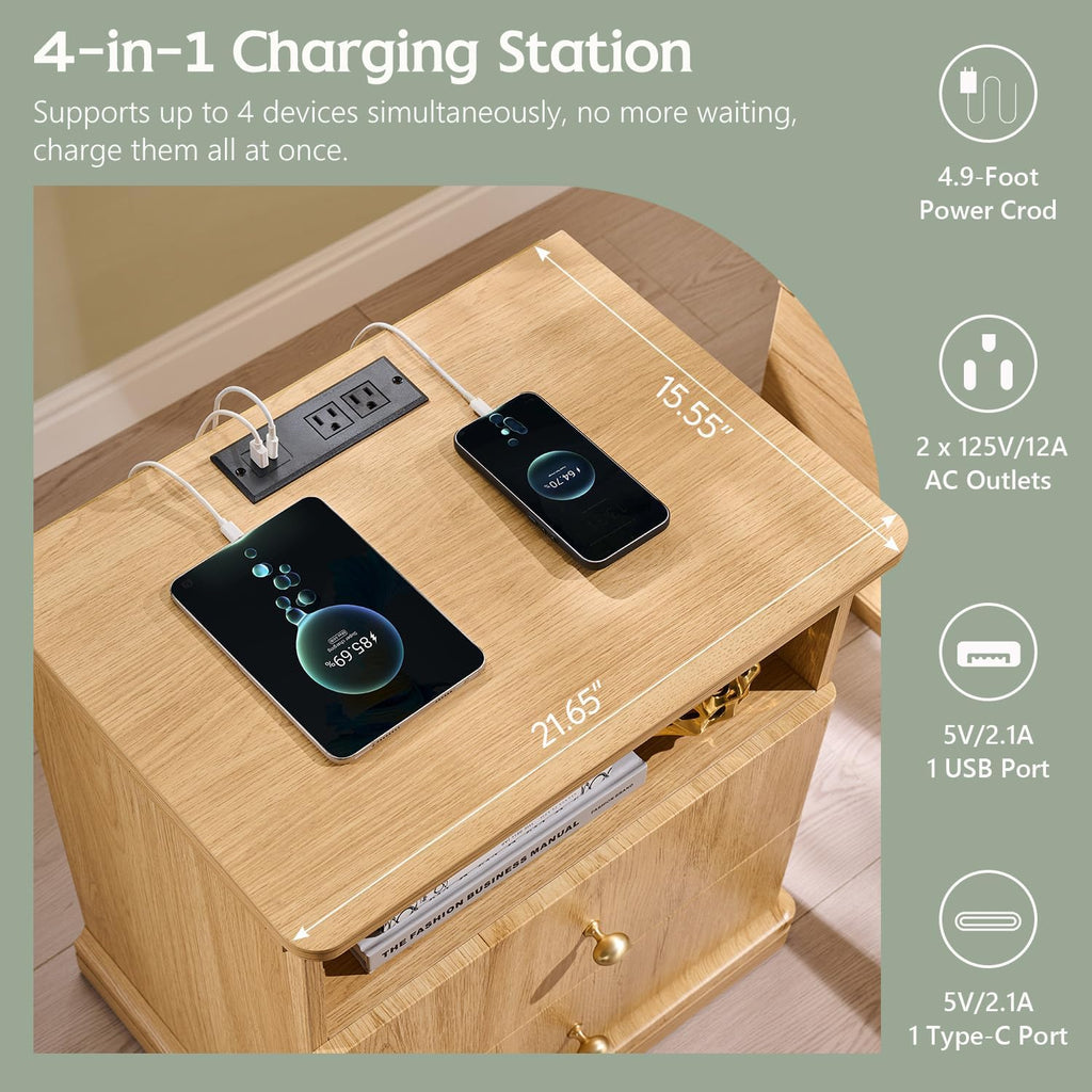 23.6" Tall Modern Nightstand Set of 2, Wood Bedside Table with Charging Station, Mid Century Night Stand w/2 Storage