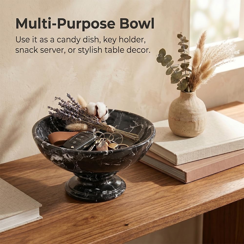 Marble Fruit Bowl Counter 10" Inches Black Decorative Bowl Table, Ideal Key Holder, Candy Dish and Marble Pedestal