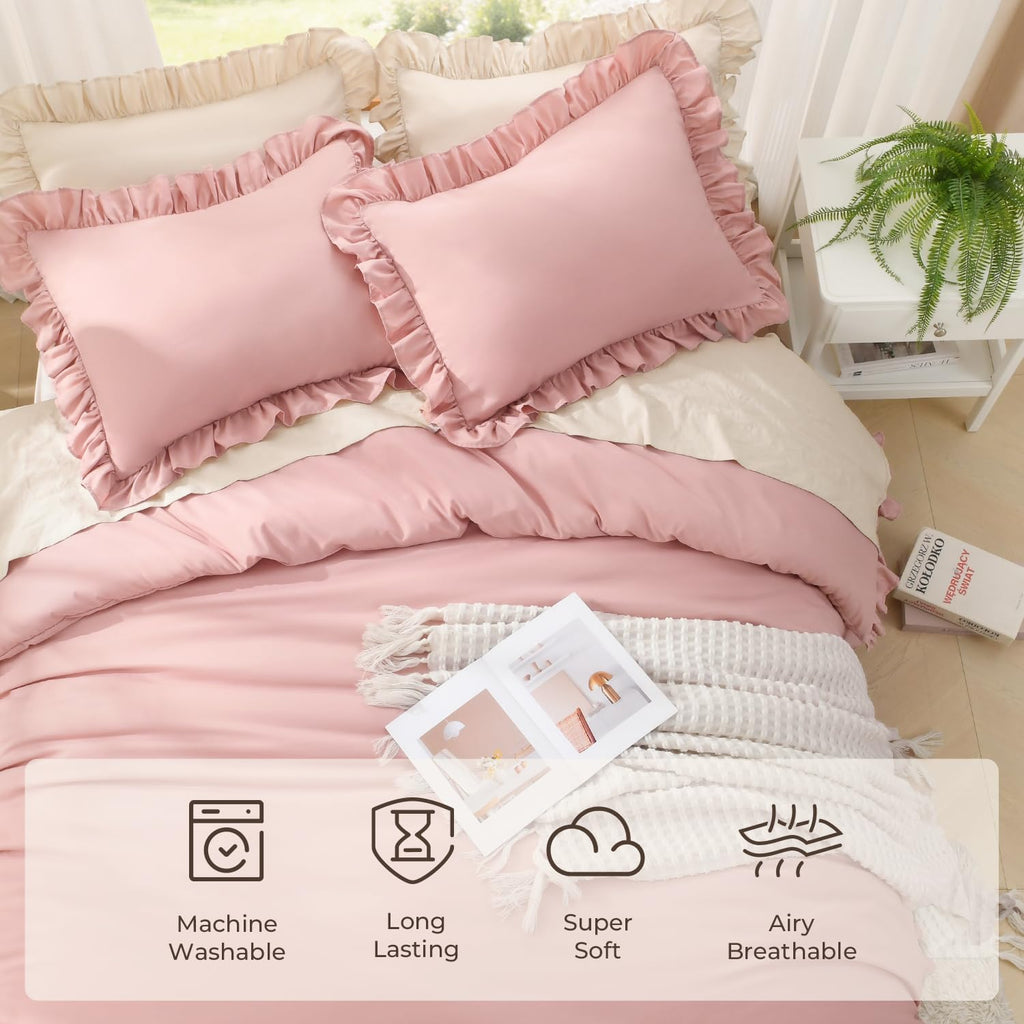 Comforter Sets, 3 Pieces Blush Pink Ruffle Girls Women Cute Bedding Comforters & Sets, Lightweight Fluffy