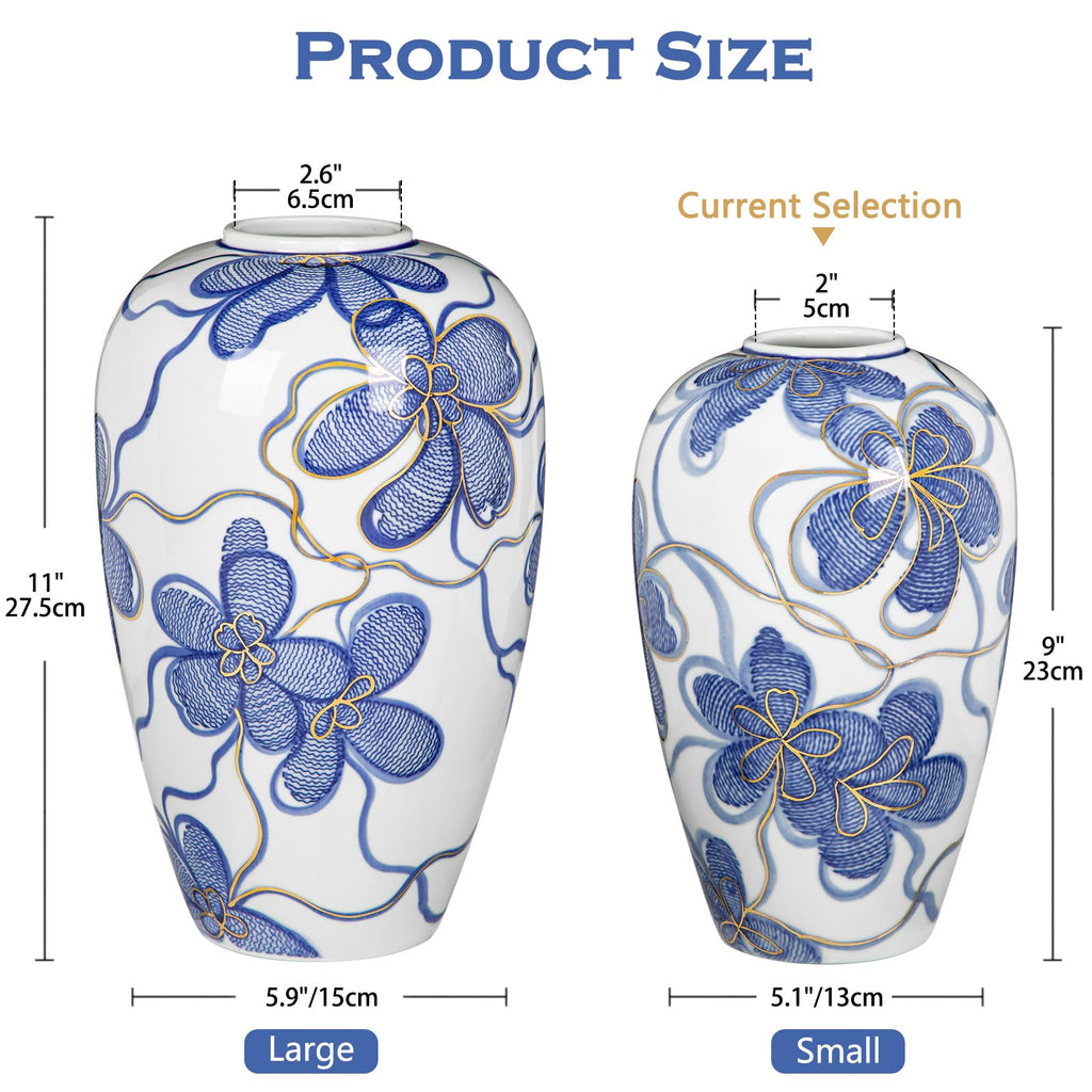 Blue and White Ceramic Vase Decor - Hand-Painted Porcelain Flower Vase with Gold Accents - Chinoiserie-Inspired Home
