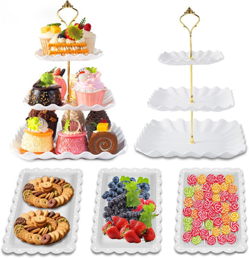 Dessert Table Display Set, 3 Tier Cupcake Stand, White Plastic - Set of 5