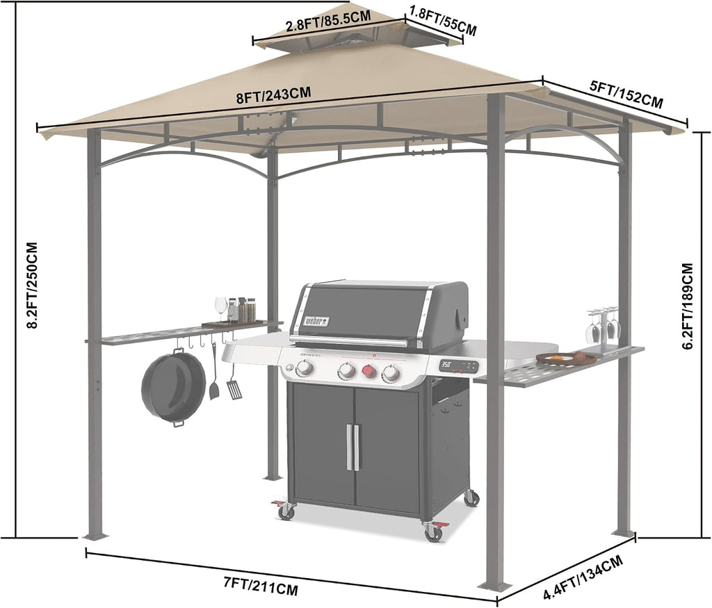 8 x 5 Grill Gazebo Outdoor BBQ Gazebo Canopy with 2 LED Lights (Khaki)