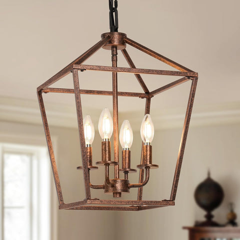 Chandelier for Dining Room, 4-Light Rustic Chandelier Fixtures, Vintage Ceiling Light with Adjustable Height, Antique Bronze Geometric Hanging Light for Bedroom, Foyer, Kitchen, Living Room, Entryway A128-B0CJM7J4Z9