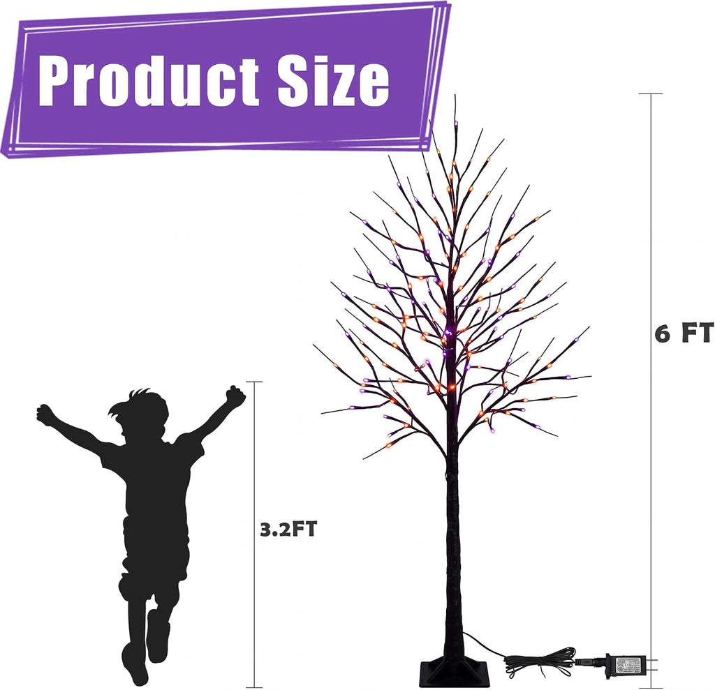 FT Halloween Lighted Black Birch Tree, Total 288 LED Purple and Orange Spooky Tree with Timer, Waterproof - Set of 2