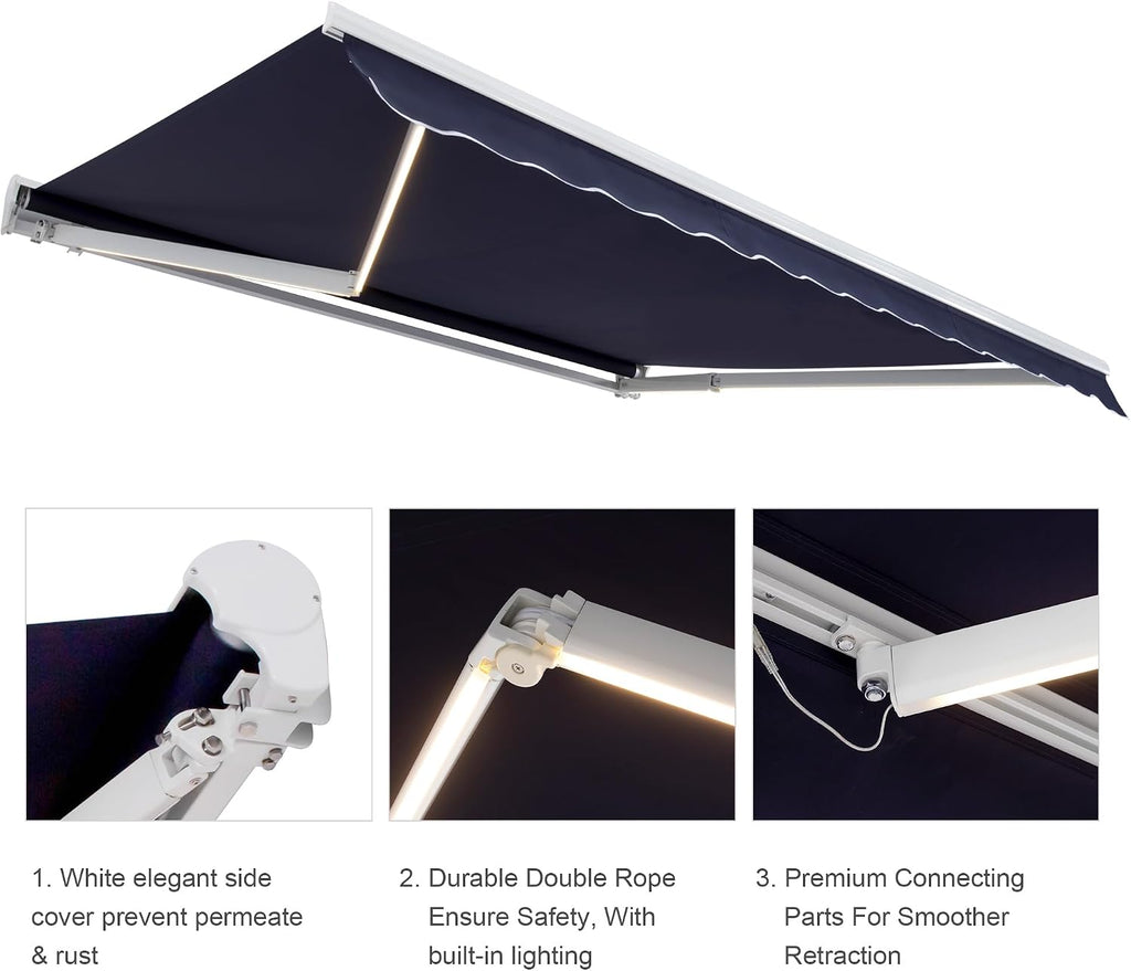 12'x10' Patio Awning Retractable, Fully Assembled Motorized LED Light Awnings Electric Commercial Grade - Quality