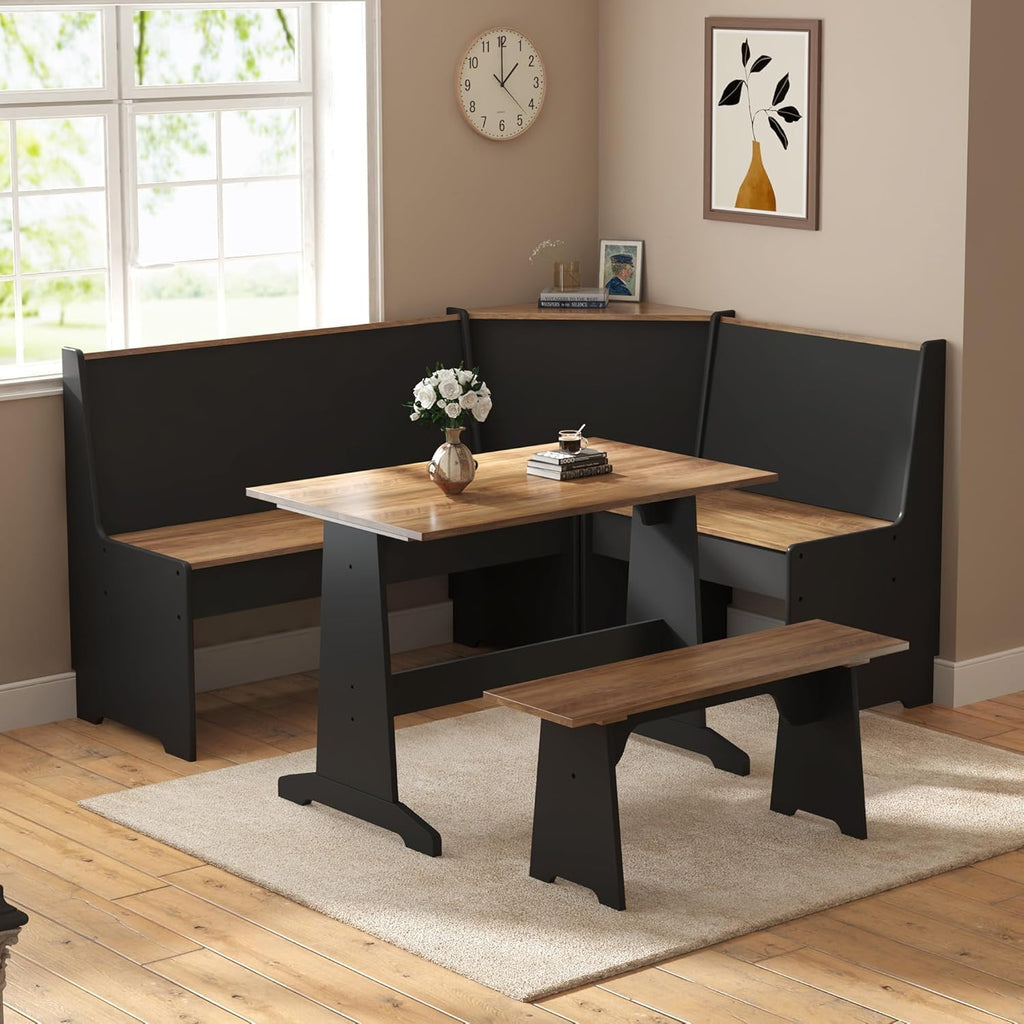 3-Piece Breakfast Nook Dining Set with Storage, Black Oak