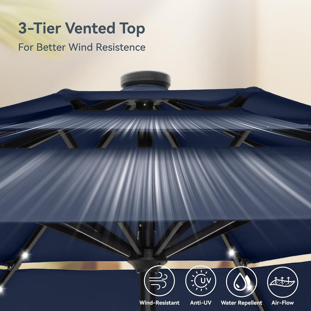 10ft Patio Umbrella with Light, Outdoor Large Auto-Tilt 3 Tier Market Table Umbrellas with 8 Sturdy Ribs and 1.5" Pole