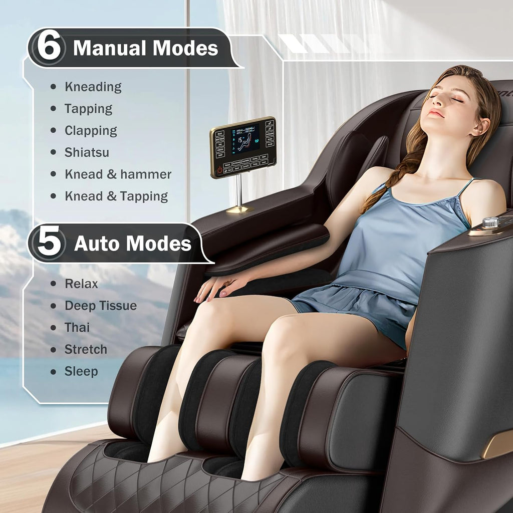 Massage Chair Full Body 53" SL-Track Zero Gravity Shiatsu, Brown | Full-Body Airbags, 5 Modes, 6 Techniques, Body
