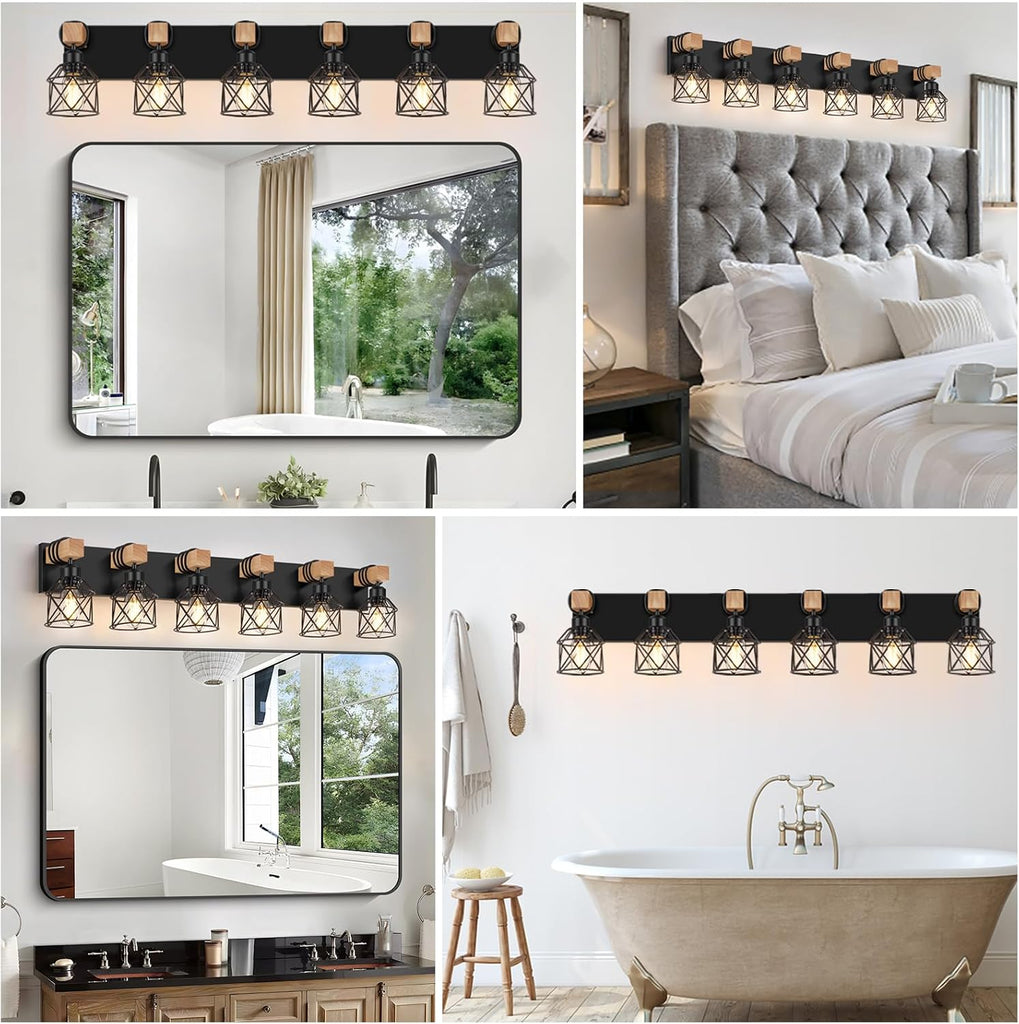 6-Light Bathroom Vanity Light, Bathroom Wall Lamps Over Mirror | Rustic Wood & Black Metal Shade, Wood Black Vanity