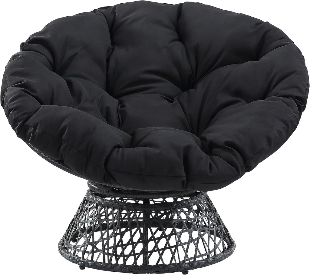 Wicker Papasan Chair with 360-Degree Swivel, Grey Frame with Black Cushion