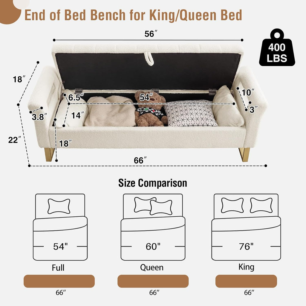 66" King Size Storage Bench End of Bed Benches with Storage | Bedroom Benches for Foot of Bed King with Gold Legs,2