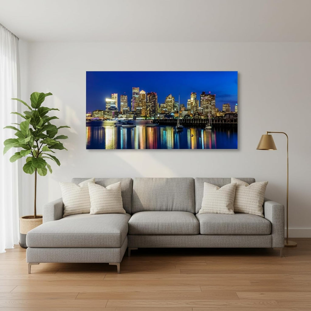Blue Boston Skyline Canvas Wall Art, USA City Panoramic Night Scene Painting, Large 20"x40" Modern Downtown Skyline