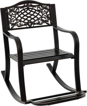 Patio Rocking Chair, Outdoor Cast Aluminum Rocker w/Footrest, Backrest & Curved Armrests, Heavy-Duty Metal Classic