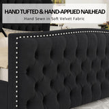 Queen Platform Bed Frame, Velvet Upholstered Bed with Deep Button Tufted & Nailhead Trim Wingback Headboard/No Box