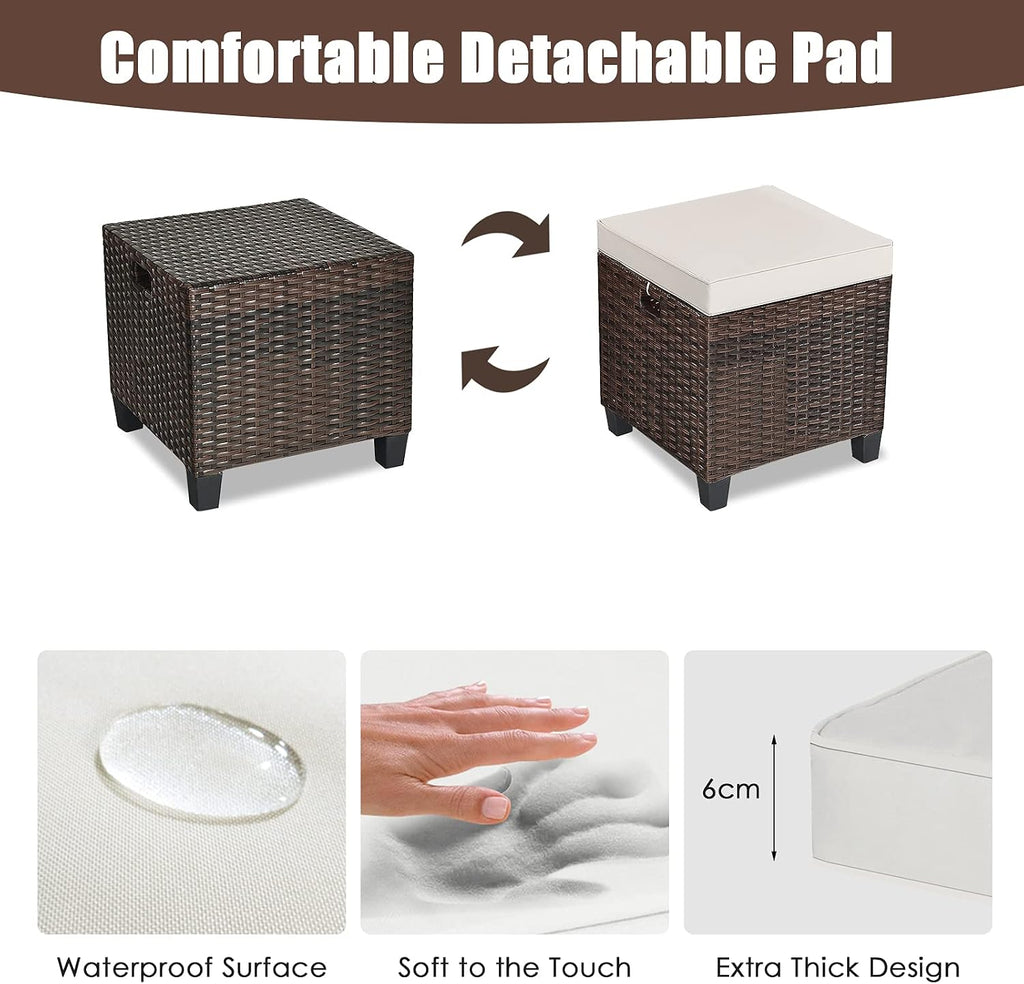 2-Piece Patio Ottoman Set - Wicker Footstools | All Weather PE Rattan Square Footstool, Removable Light Brown
