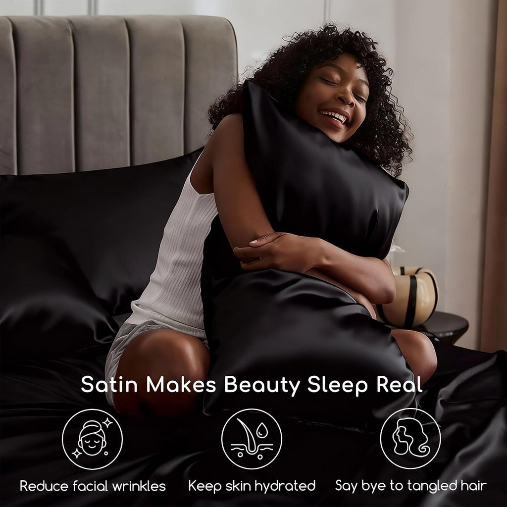 Satin Bed Sheets, Sheets Set, 4 Pcs Silky Bedding Set with Elastic Corner Straps and 15 Inches Deep Pocket