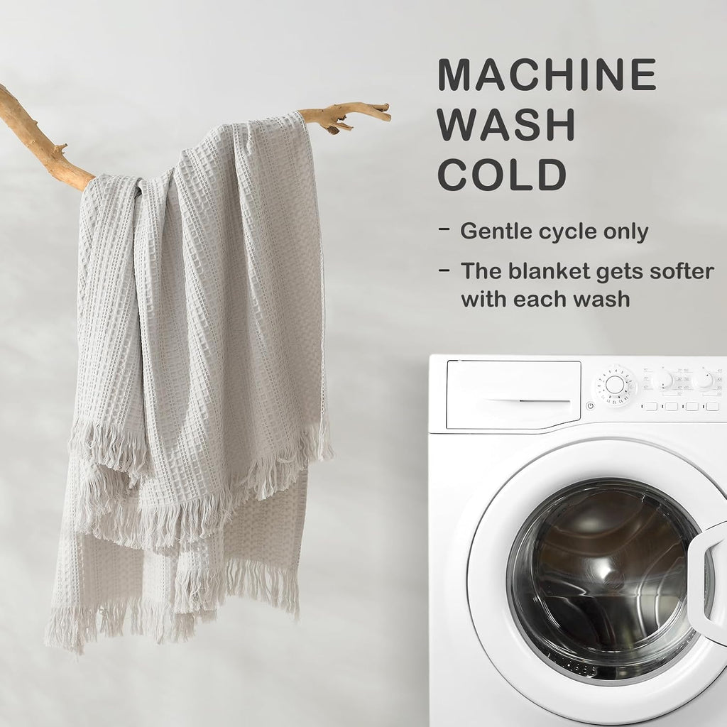 100% Cotton Waffle Blanket with Fringe, Pre-Washed Waffle Weave Blanket for All Season, Lightweight Breathable Soft