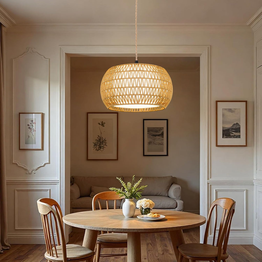 Boho Plug in Pendant Light Rustic Hanging Lights with Plug in Cord & Flower Lampshade, Fringe Hanging Lamp Dimmable