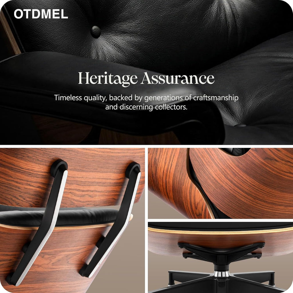 Mid-Century Modern Lounge Chair & Ottoman — Black Top-Grain Leather, Rosewood Base, Extended Chaise