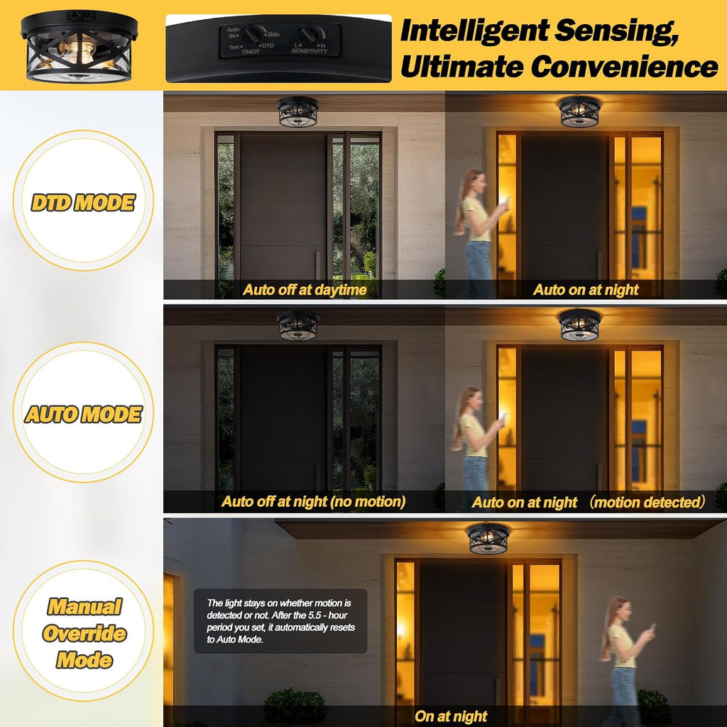 Motion Sensor Outdoor Ceiling Light, Adjustable Black Flush Mount Light Fixture, 2-Light Porch Lights Outdoor