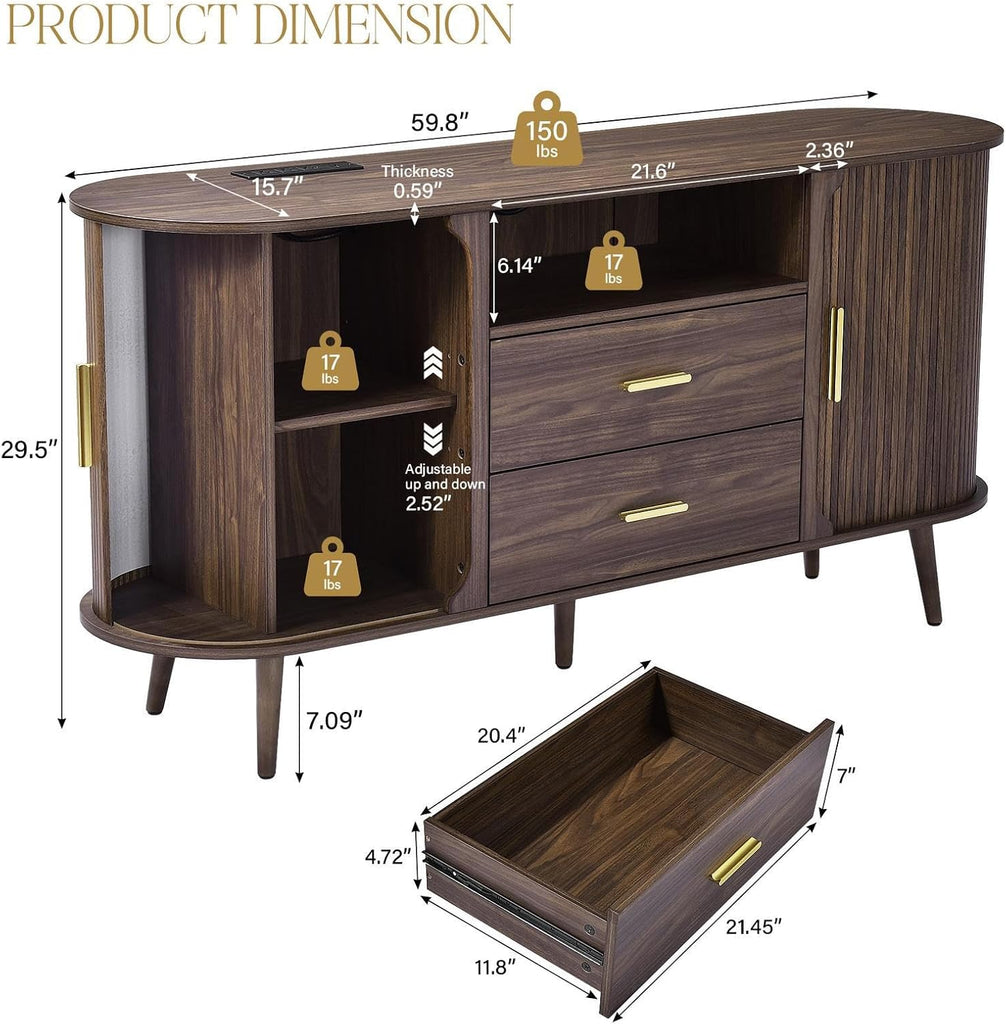 60" Sideboard Buffet Cabinet with Storage, Sliding Door & Adjustable Shelf