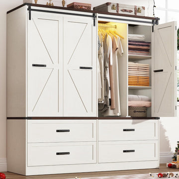 Farmhouse 4 Doors Armoire Wardrobe Closet w/Folding Sliding Barn Door and Lights, LED Armoire Closet w/Drawers