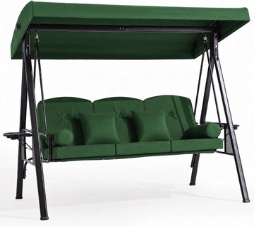 3 Person Patio Swing with Stand,3-in-1 Convertible Swing Bed,Adjustable Canopy,3.6" Thick Cushions,Side
